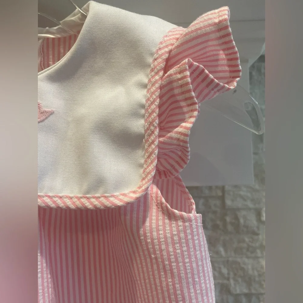 Pink Seersucker Baby Girl Bubble Romper with Tulip Embroidery